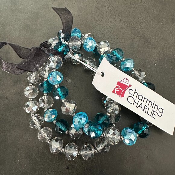 Charming Charlie 3 Piece Beaded Elastic Bracelet Set - Blue & Clear NWT!! - Picture 1 of 3